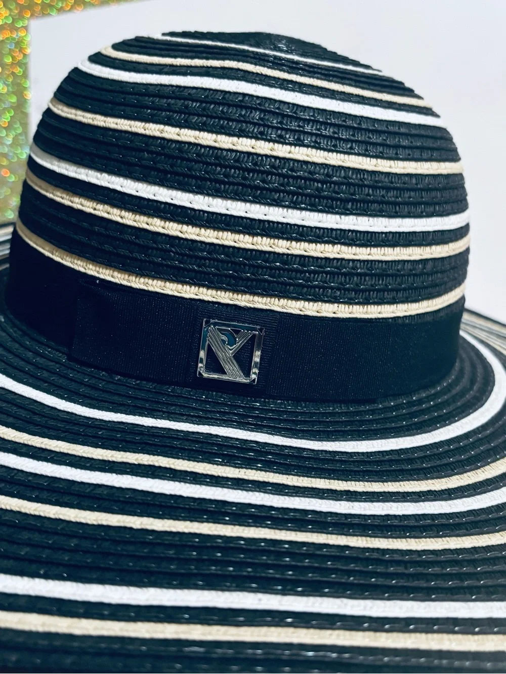 REED Striped Paper Sun Hat in Black, White & Natural
